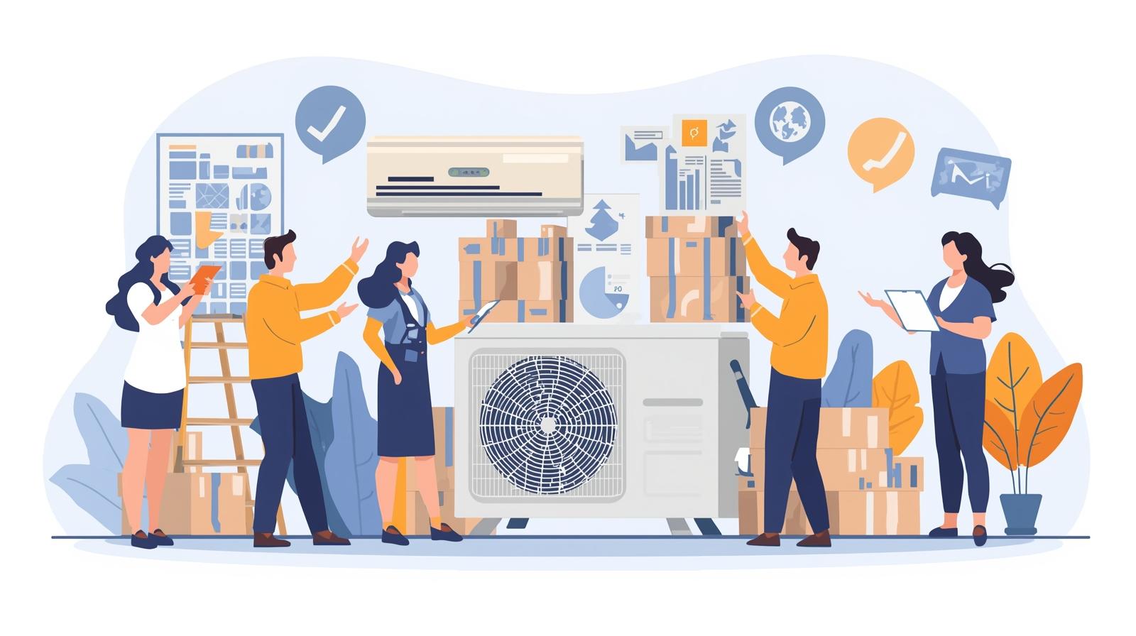 社區冷氣團購示意圖｜由管委會統籌住戶共同採購冷氣，集中施工與統一保固。騰芸空調獲住宅消保會認證，提供住宅、商辦與新建案的一站式冷氣整合服務，包含安裝、維修、除濕與新風系統規劃，讓社區住戶享受節能、省電又有保障的舒適空間。