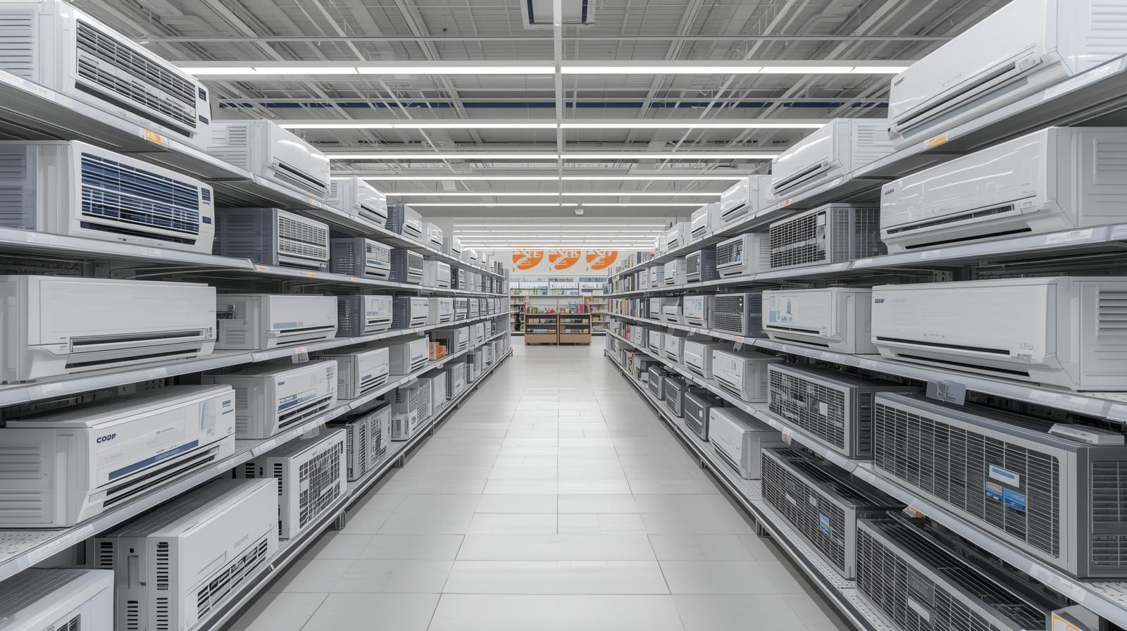 賣場陳列大量舊款冷氣機型的貨架示意圖，對照 2026 新能效制度下的 CSPF 節能要求，象徵消費者告別舊型號、轉向高效節能冷氣的選購趨勢。