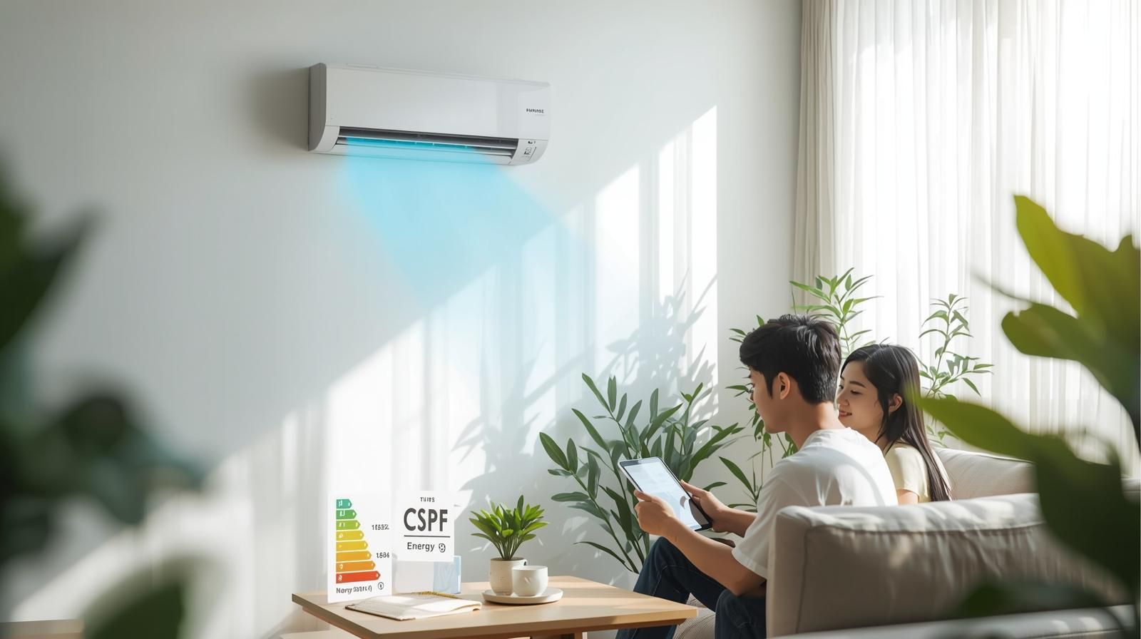 年輕夫妻在客廳比較節能冷氣的 CSPF 與能效標示，檢視 2026 新能效制度下的省電機型，居家環境明亮清爽的選購情境示意圖。