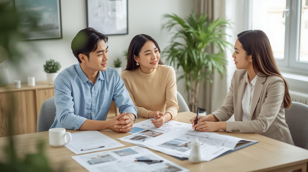年輕夫妻向專業顧問諮詢住宅糾紛協助，桌上擺放設計圖與文件，代表尋找住宅消保會或專業調解單位協助解決房屋糾紛的情境照。