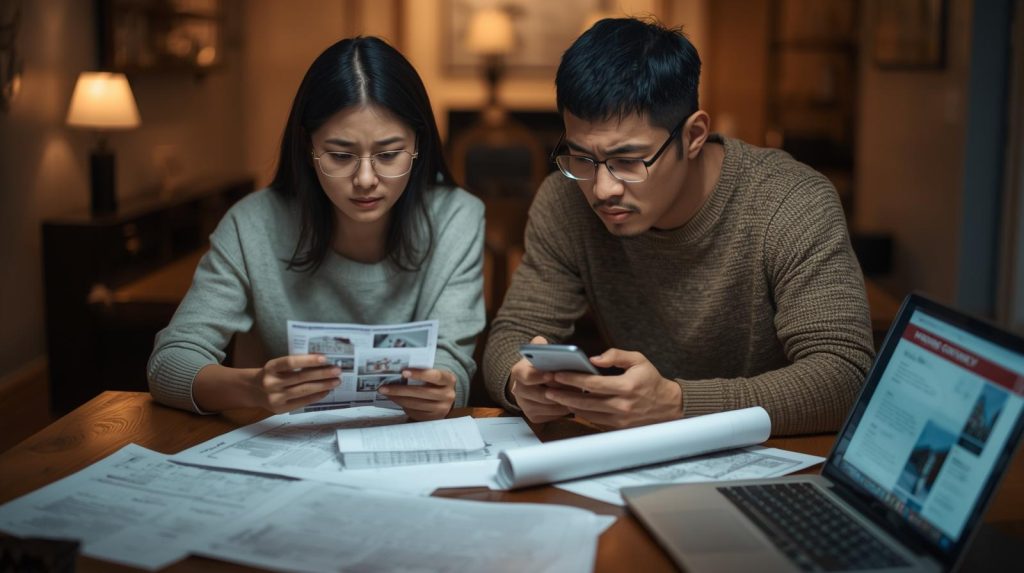 預售屋客變爭議｜亞洲年輕夫妻焦急檢視客變圖面與合約，面臨建商不履約與施工不符的住宅糾紛需求協助。