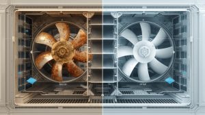 冷氣風鼓與鰭片清洗前後的技術剖面示意圖，左側顯示油垢與灰塵堆積造成風量下降，右側為深度清洗後恢復散熱與出風效率的狀態。