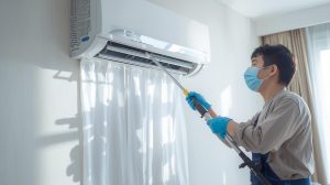 專業冷氣清洗技師在住家環境使用高壓清洗設備清潔分離式冷氣室內機，針對鰭片與風鼓進行深度清潔，改善霉味與冷房效率的示意圖。