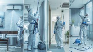 醫療院所穿著全套防護裝備的專業技師，使用工程級清洗設備對診所與醫療空間的分離式冷氣與天花機進行深度拆洗與消毒，提升空氣品質並減少病菌循環的情境示意圖。