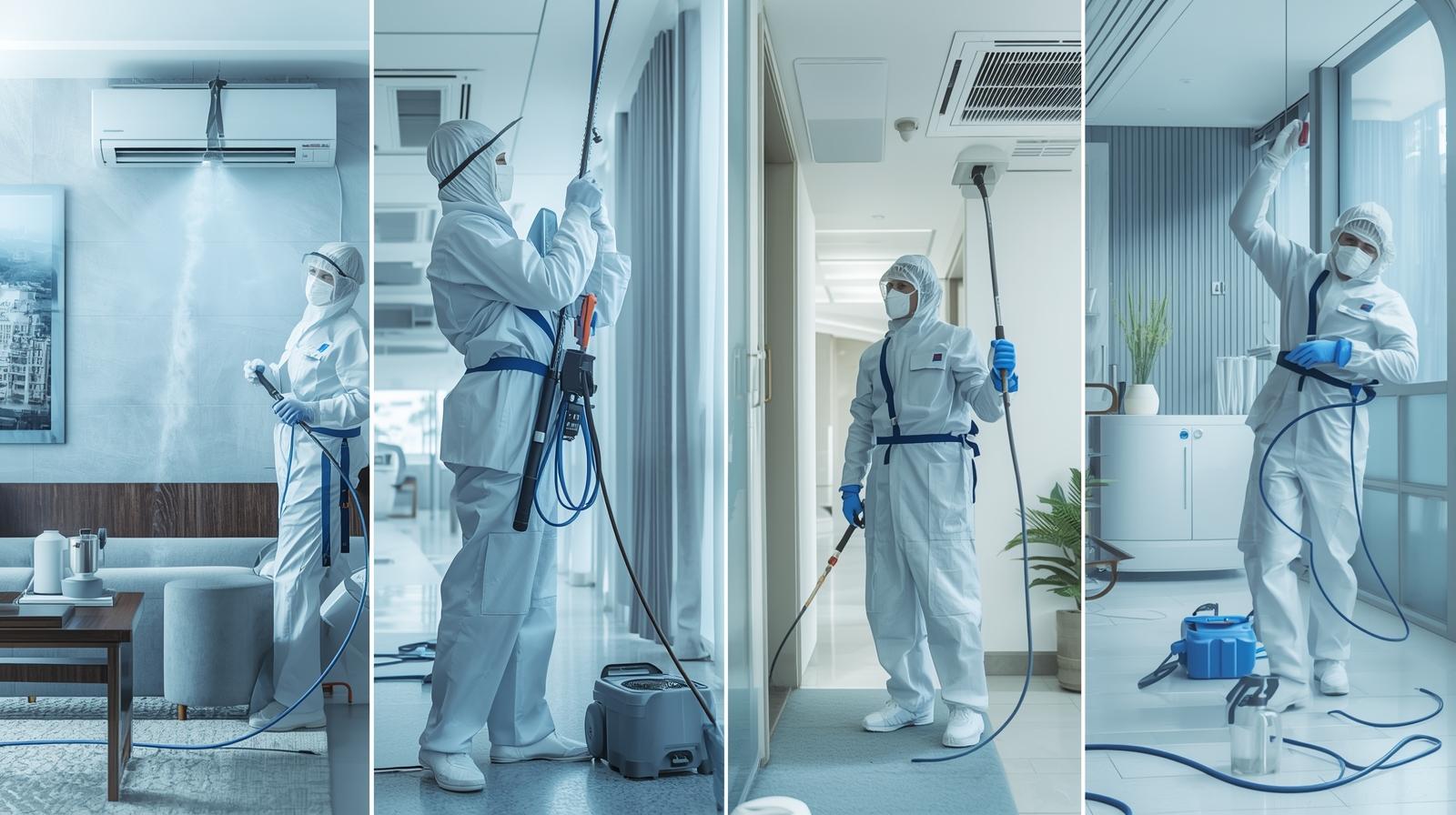 醫療院所穿著全套防護裝備的專業技師，使用工程級清洗設備對診所與醫療空間的分離式冷氣與天花機進行深度拆洗與消毒，提升空氣品質並減少病菌循環的情境示意圖。