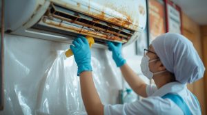 餐飲店內冷氣技師正在清洗被油煙覆蓋的冷氣室內機，風鼓與鰭片布滿油垢，並使用防水布與手套進行專業深度拆洗的實際場景示意。