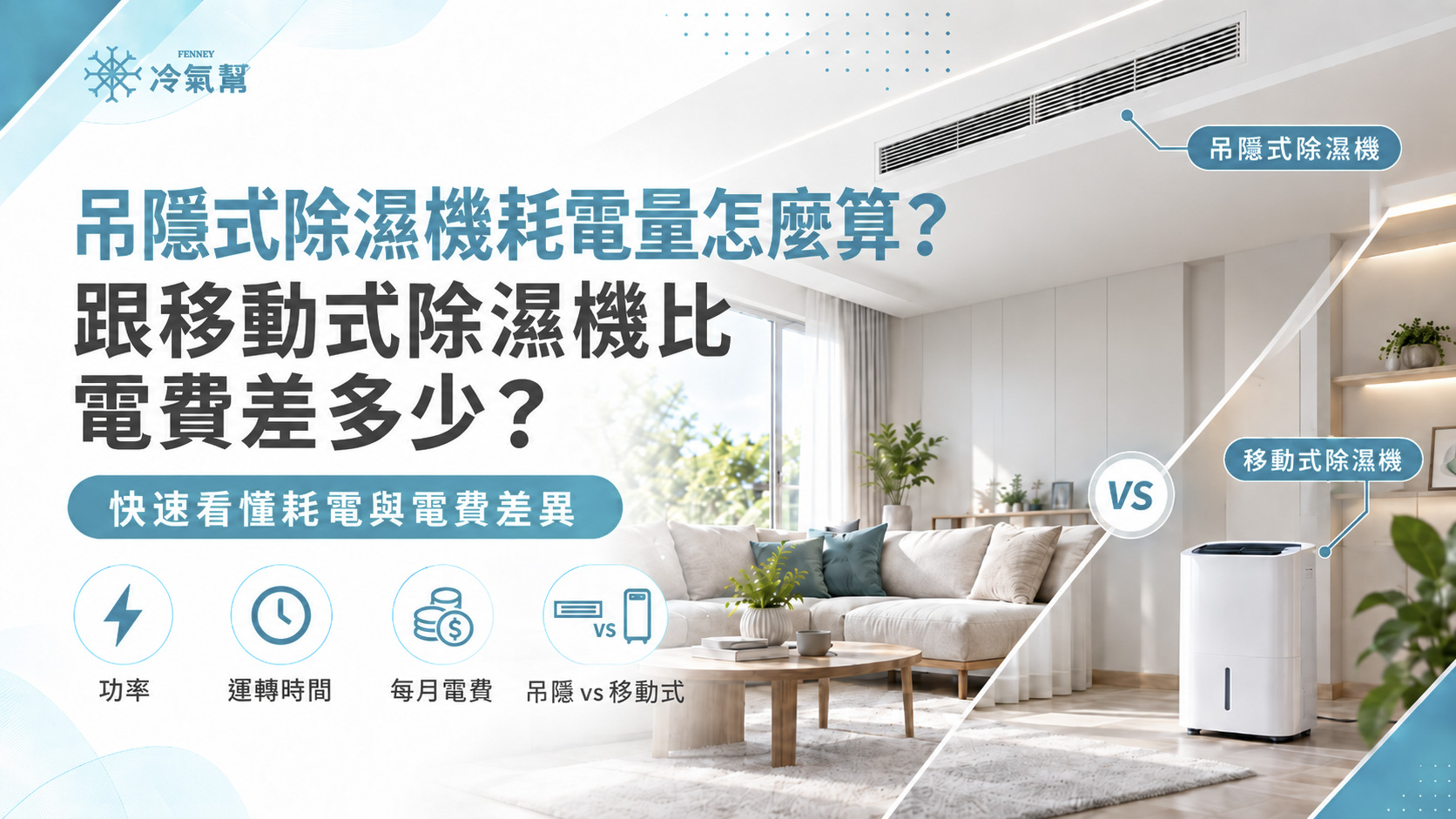 吊隱式除濕機耗電量怎麼算？跟移動式除濕機比電費差多少？
